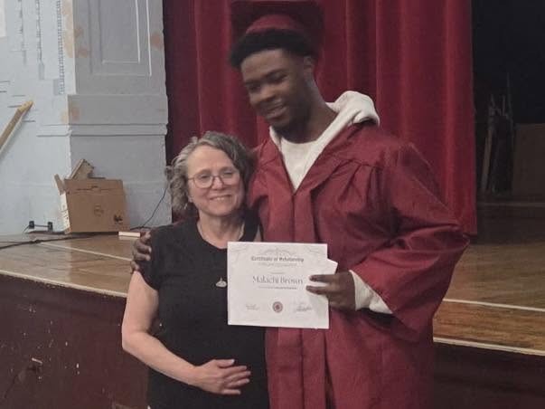 HFT 1052 President Toni Coral with Malachi Brown, Myra Barnett Memorial Scholarship winner